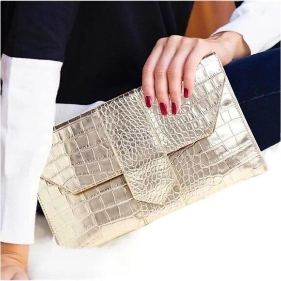 JJ Winters Handbags - New JJ Winters NIKKI Metallic Gold Croc Vegan Leather Envelope Clutch Hand Bag